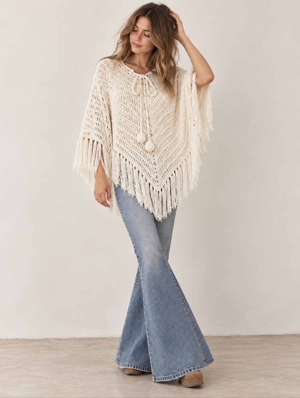 Cream Crochet Fringe Poncho Boho Open Knit Tassel Cape One Size